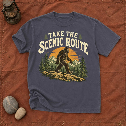 Take The Scenic Route Bigfoot Graphic Tee on Navy Premium Tee