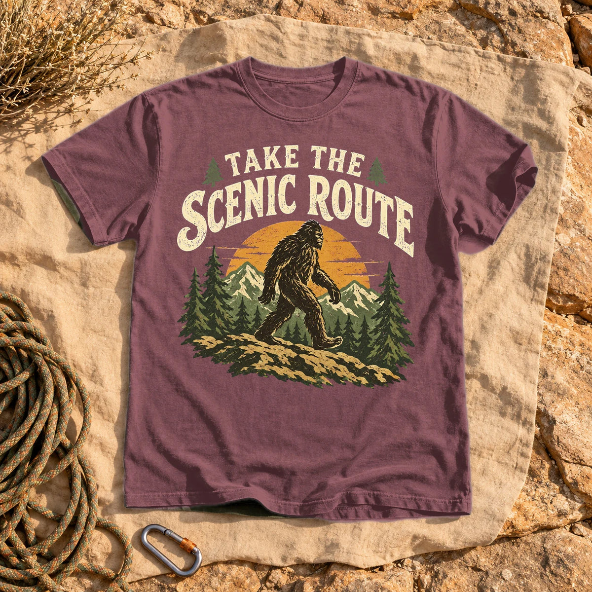 Take The Scenic Route Bigfoot Graphic Tee on Brick Premium Tee