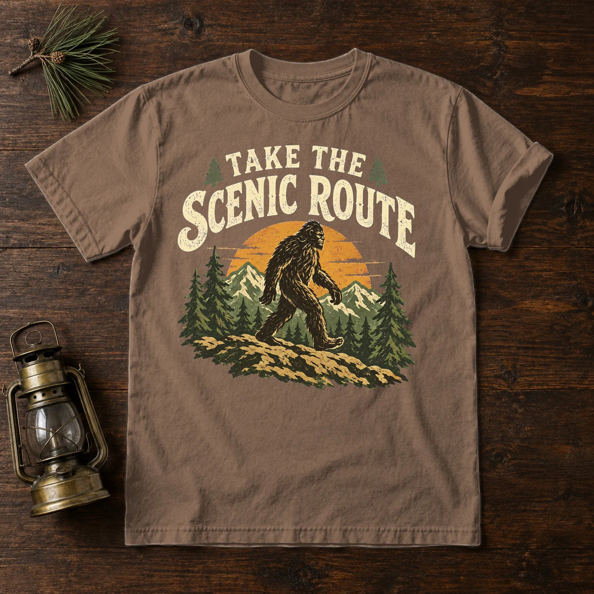 Take The Scenic Route Bigfoot Graphic Tee on Espresso Premium Tee