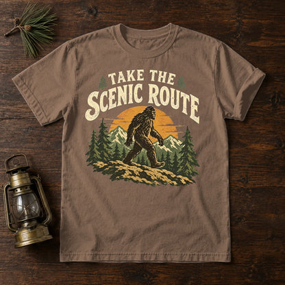Take The Scenic Route Bigfoot Graphic Tee on Espresso Premium Tee
