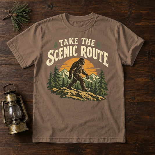 Take The Scenic Route Bigfoot Graphic Tee on Espresso Premium Tee