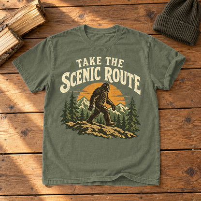 Take The Scenic Route Bigfoot Graphic Tee on Moss Premium Tee