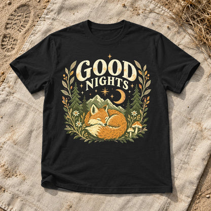 Good Nights Sleeping Fox Graphic Tee on Black Everyday Soft Tee