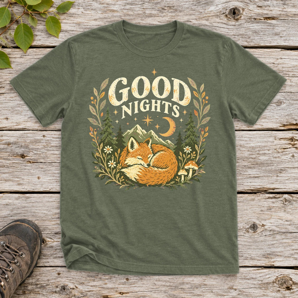 Good Nights Sleeping Fox Graphic Tee on Military Green Everyday Soft Tee