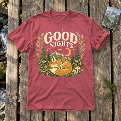 Good Nights Sleeping Fox Graphic Tee on Heather Red Everyday Soft Tee