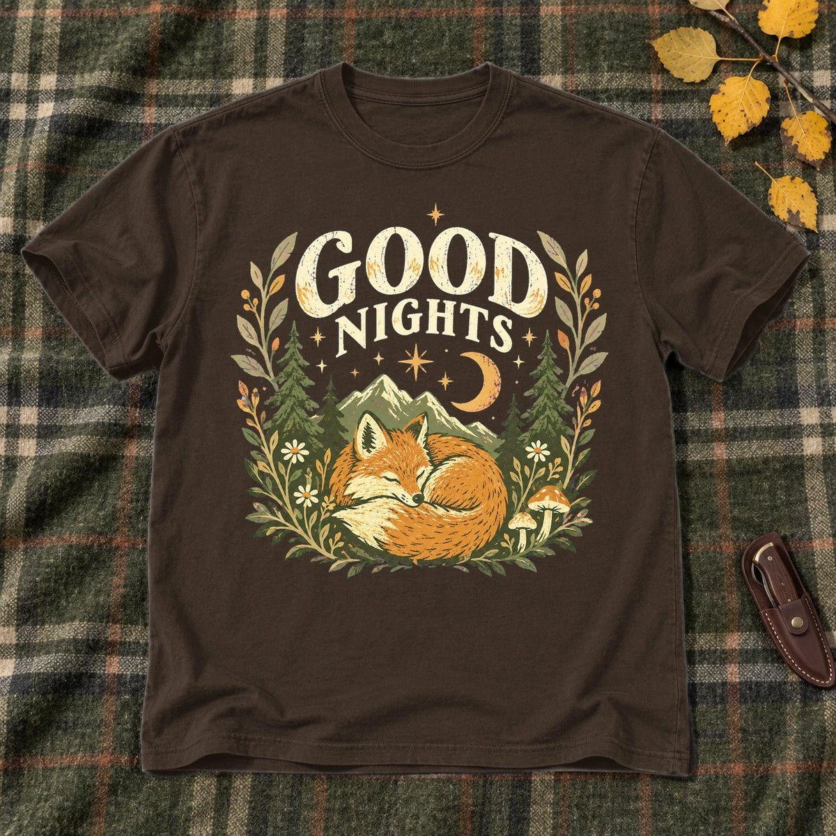Good Nights Sleeping Fox Graphic Tee on Dark Chocolate Everyday Soft Tee