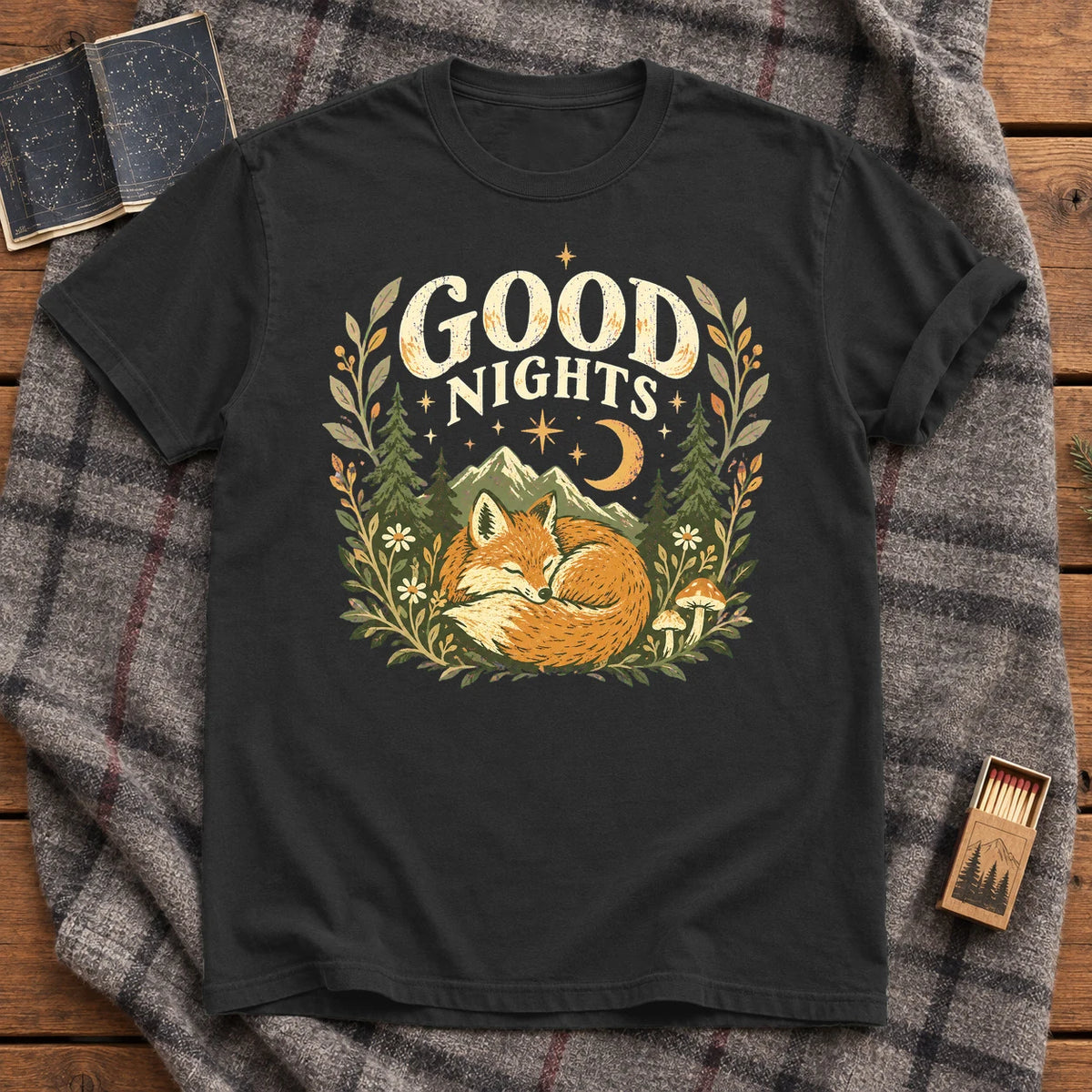 Good Nights Sleeping Fox Graphic Tee on Black Premium Tee