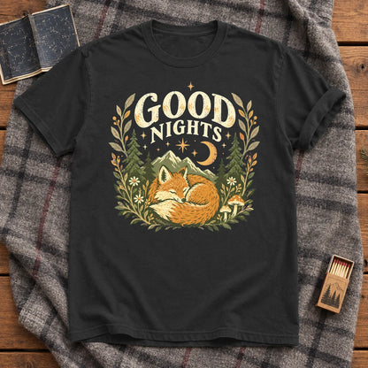 Good Nights Sleeping Fox Graphic Tee on Black Premium Tee