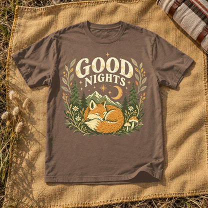 Good Nights Sleeping Fox Graphic Tee on Espresso Premium Tee