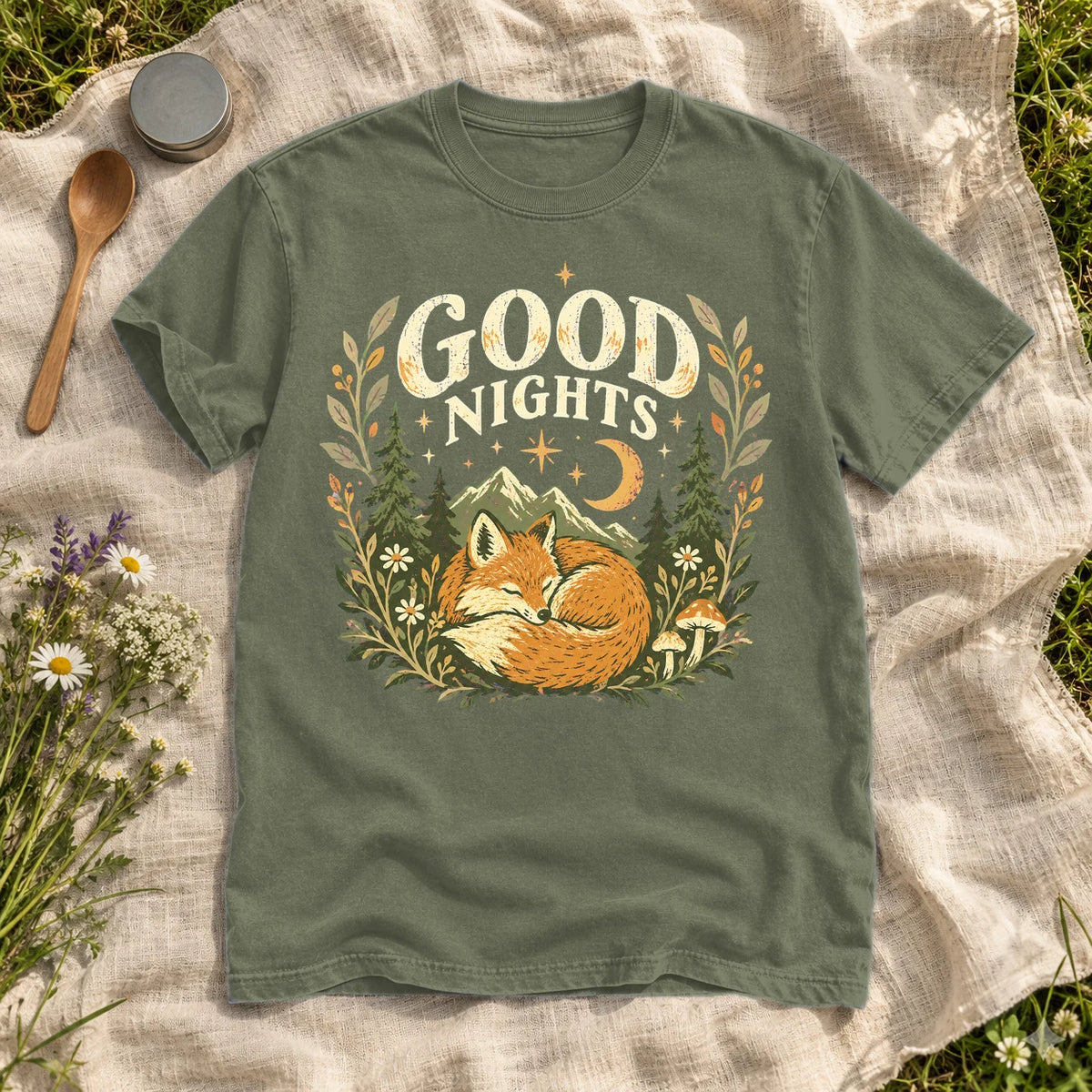 Good Nights Sleeping Fox Graphic Tee on Moss Premium Tee