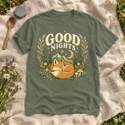 Good Nights Sleeping Fox Graphic Tee on Moss Premium Tee