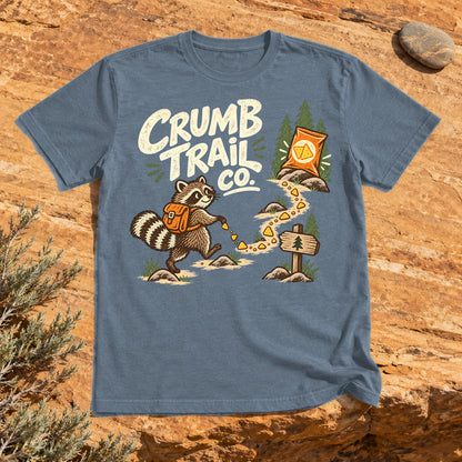 Crumb Trail Co. Raccoon Graphic Tee on Heather Indigo Everyday Soft Tee