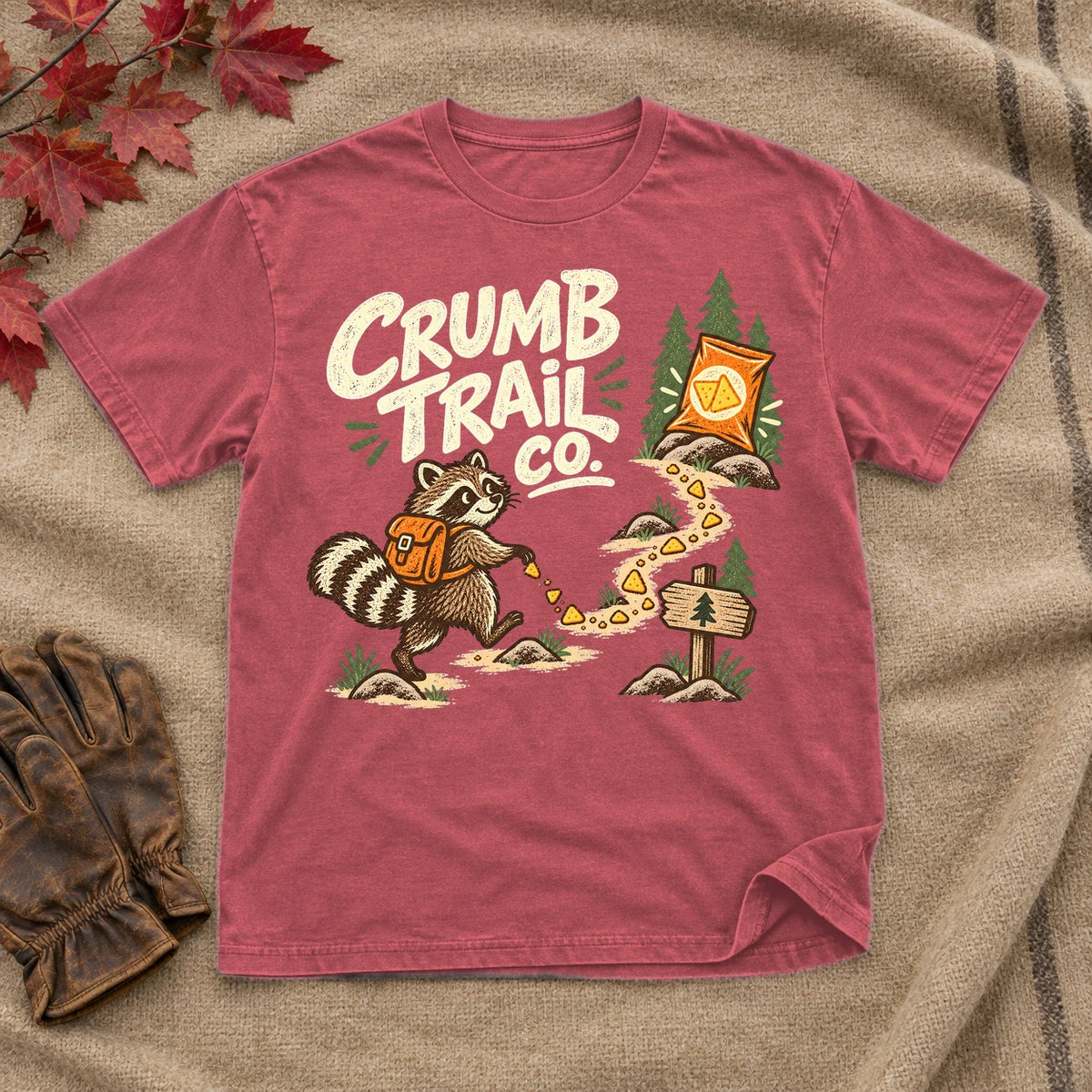 Crumb Trail Co. Raccoon Graphic Tee on Heather Red Everyday Soft Tee