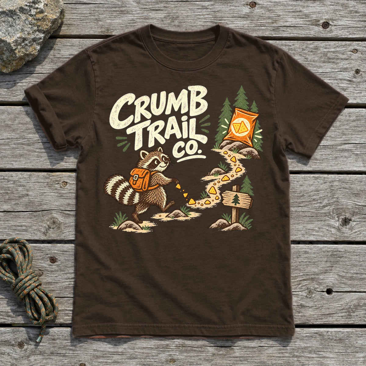 Crumb Trail Co. Raccoon Graphic Tee on Dark Chocolate Everyday Soft Tee