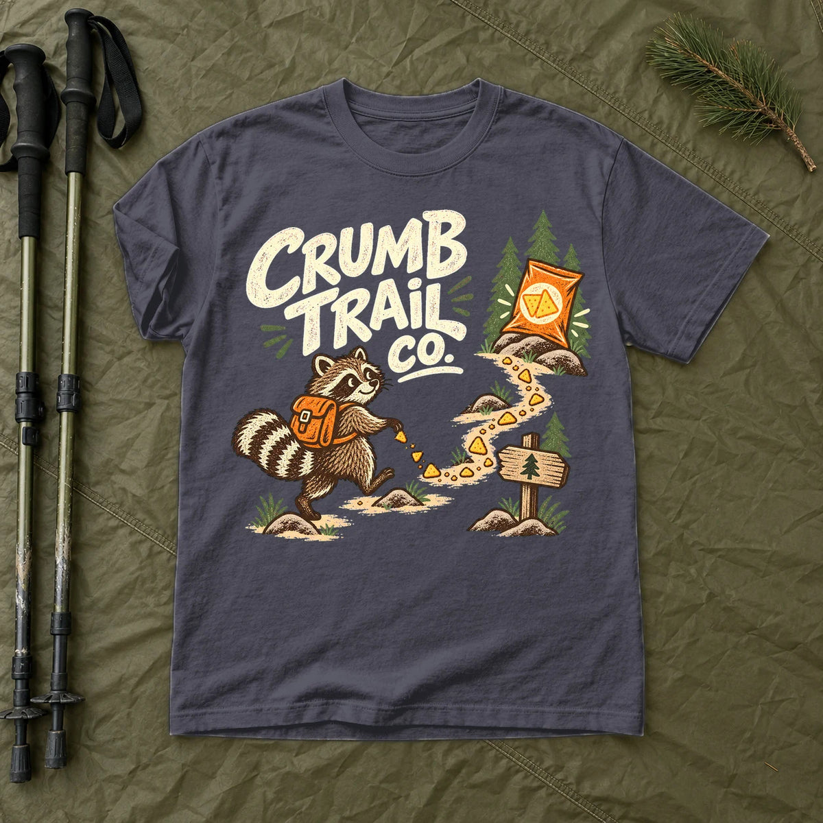Crumb Trail Co. Raccoon Graphic Tee on Navy Premium Tee