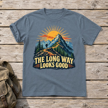 The Long Way Looks Good Graphic Tee on Heather Indigo Everyday Soft Tee