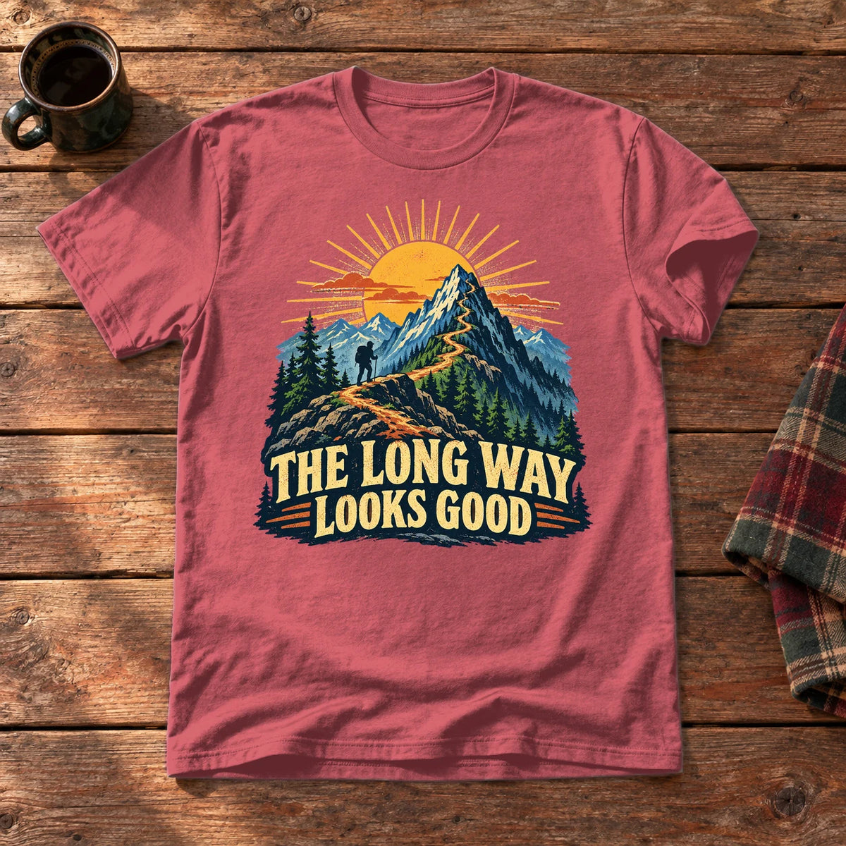 The Long Way Looks Good Graphic Tee on Heather Red Everyday Soft Tee