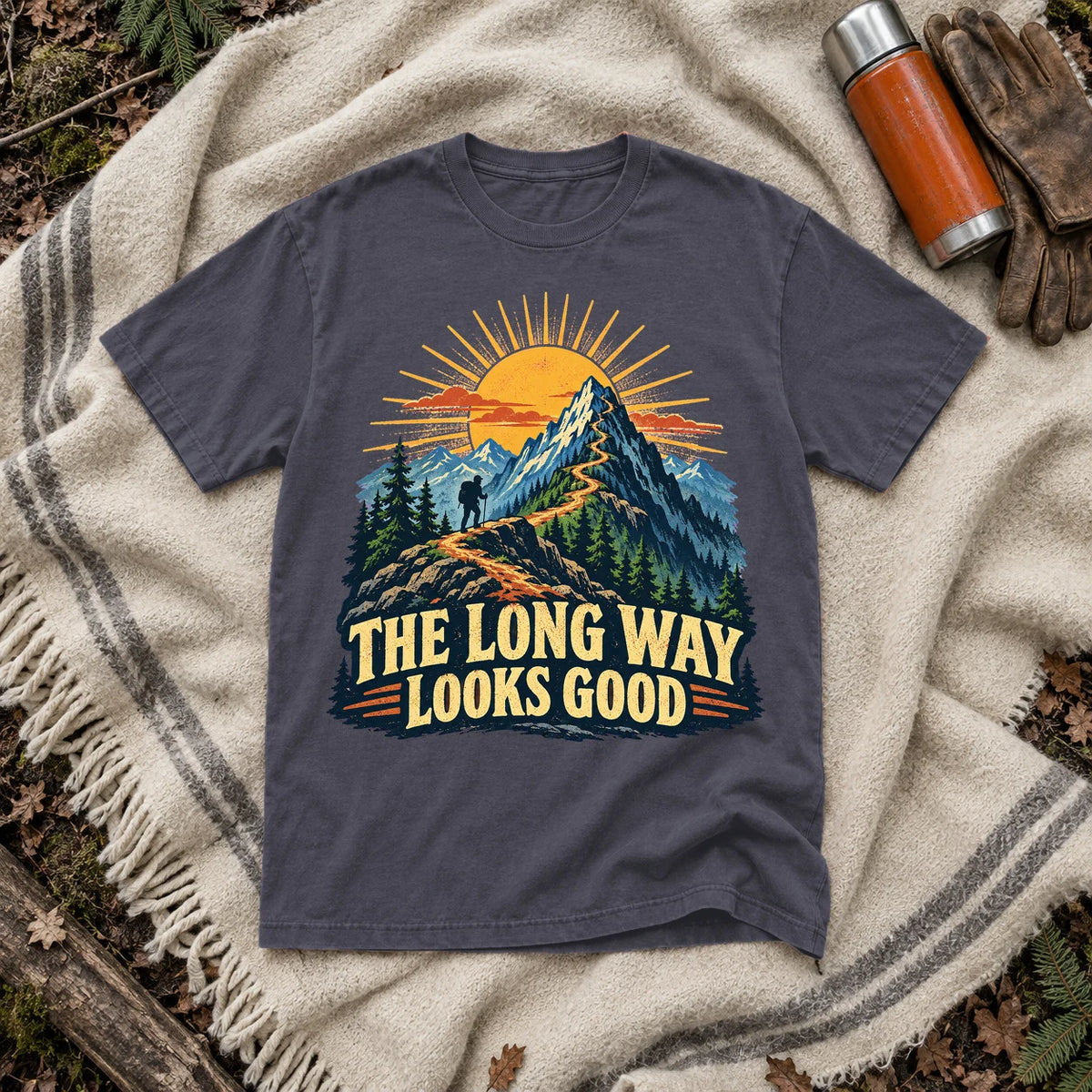 The Long Way Looks Good Graphic Tee on Navy Premium Tee