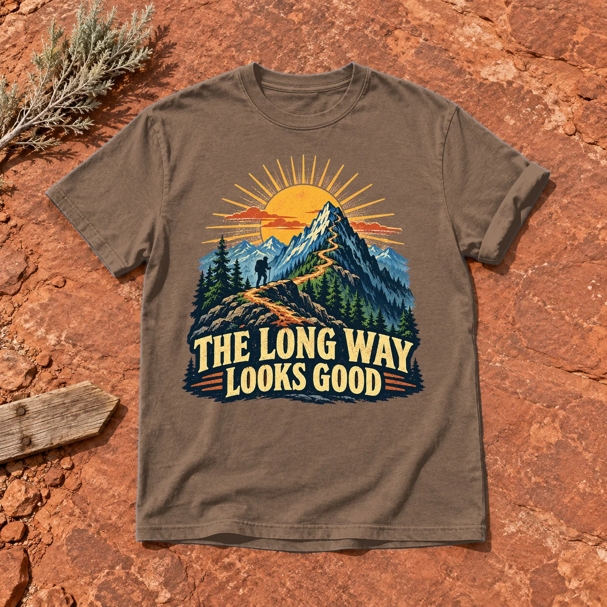 The Long Way Looks Good Graphic Tee on Espresso Premium Tee