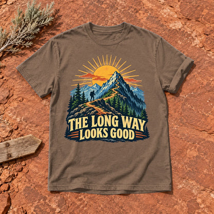 The Long Way Looks Good Graphic Tee on Espresso Premium Tee