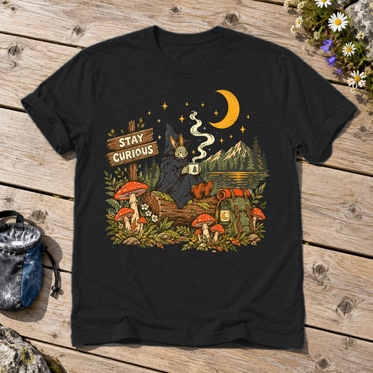 Stay Curious Woodland Wanderer Graphic Tee on Black Everyday Soft Tee