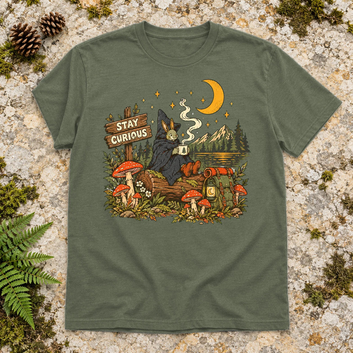 Stay Curious Woodland Wanderer Graphic Tee on Military Green Everyday Soft Tee