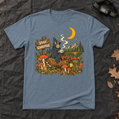 Stay Curious Woodland Wanderer Graphic Tee on Heather Indigo Everyday Soft Tee