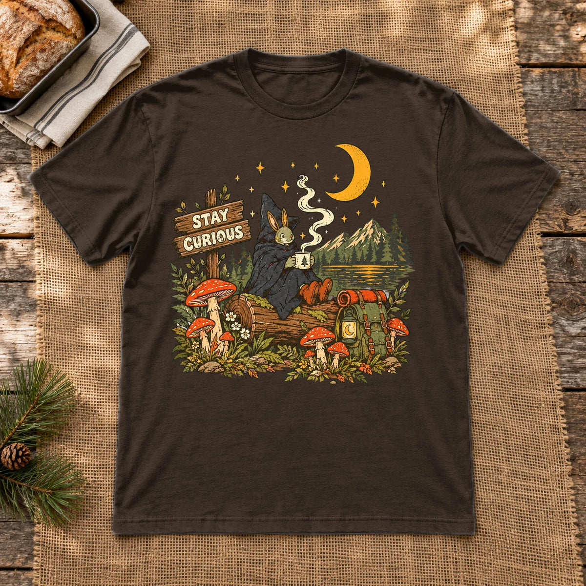 Stay Curious Woodland Wanderer Graphic Tee on Dark Chocolate Everyday Soft Tee