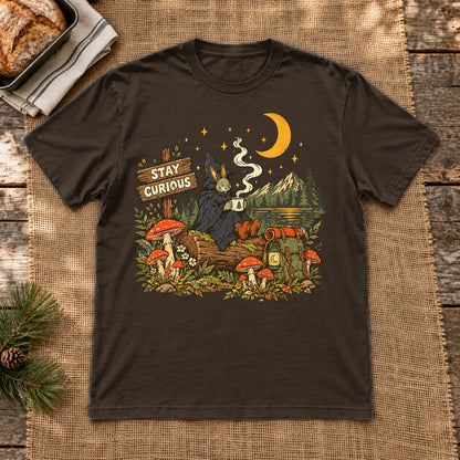 Stay Curious Woodland Wanderer Graphic Tee on Dark Chocolate Everyday Soft Tee