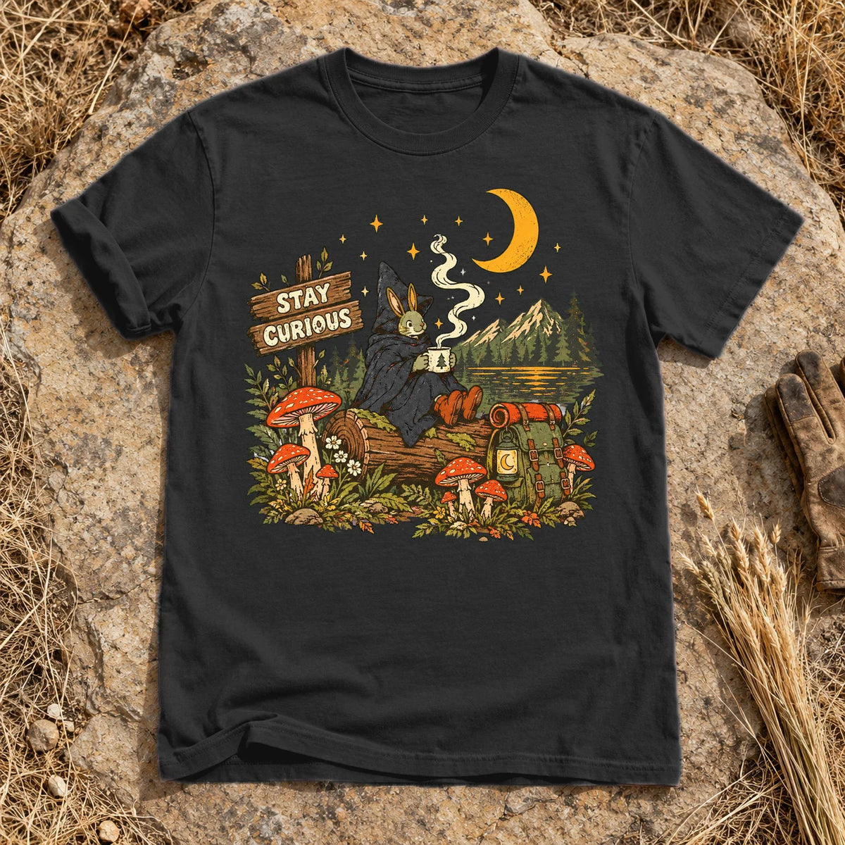 Stay Curious Woodland Wanderer Graphic Tee on Black Premium Tee