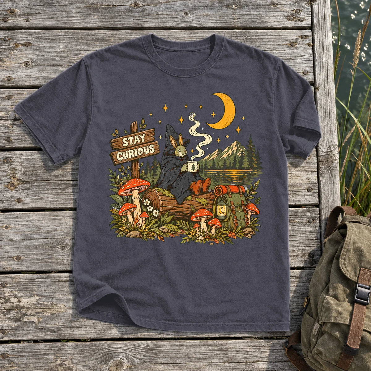 Stay Curious Woodland Wanderer Graphic Tee on Navy Premium Tee