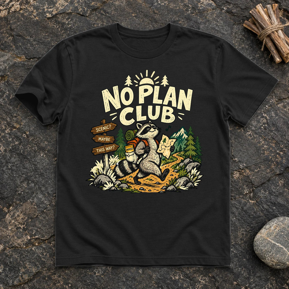 No Plan Club Raccoon Graphic Tee on Black Everyday Soft Tee