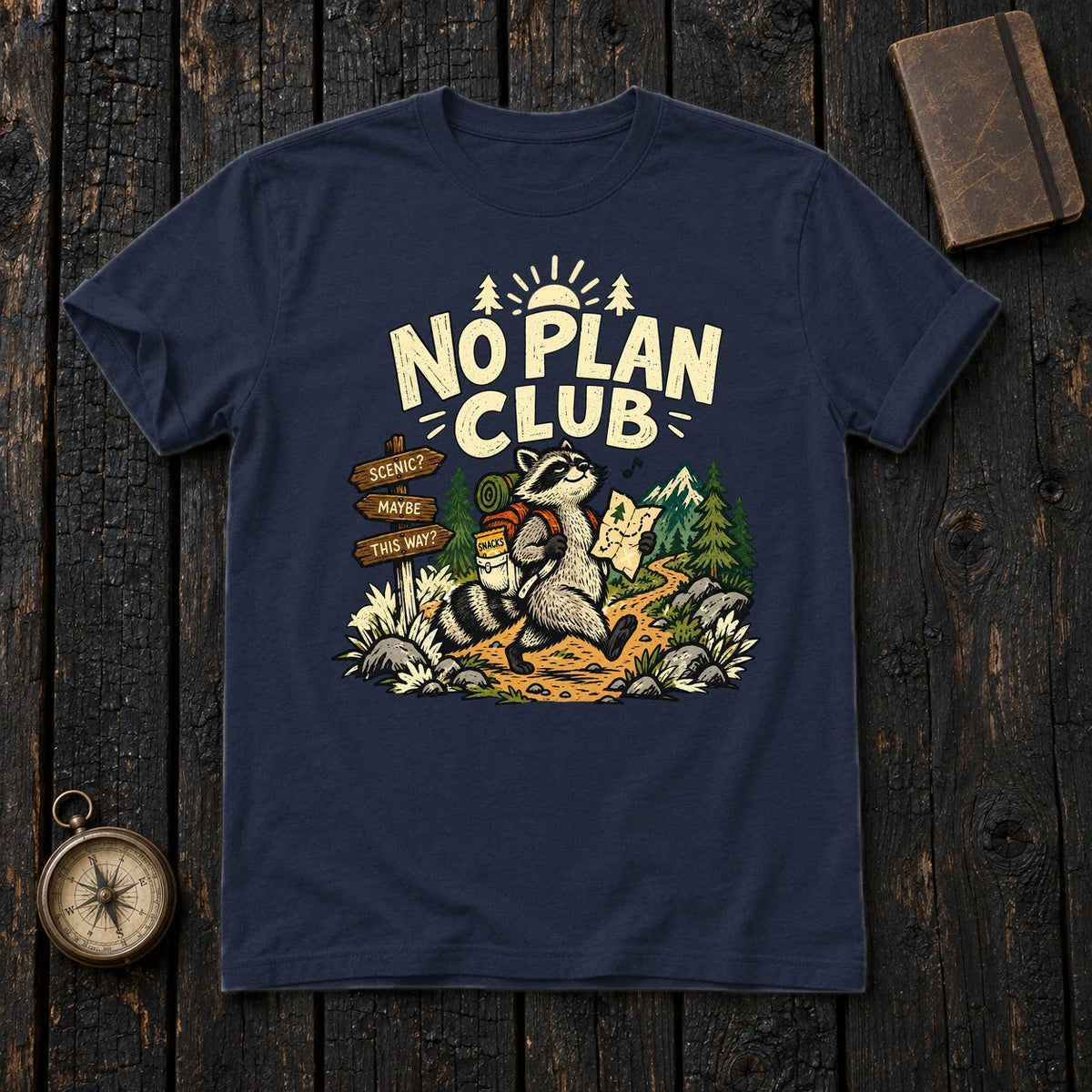 No Plan Club Raccoon Graphic Tee on Navy Everyday Soft Tee