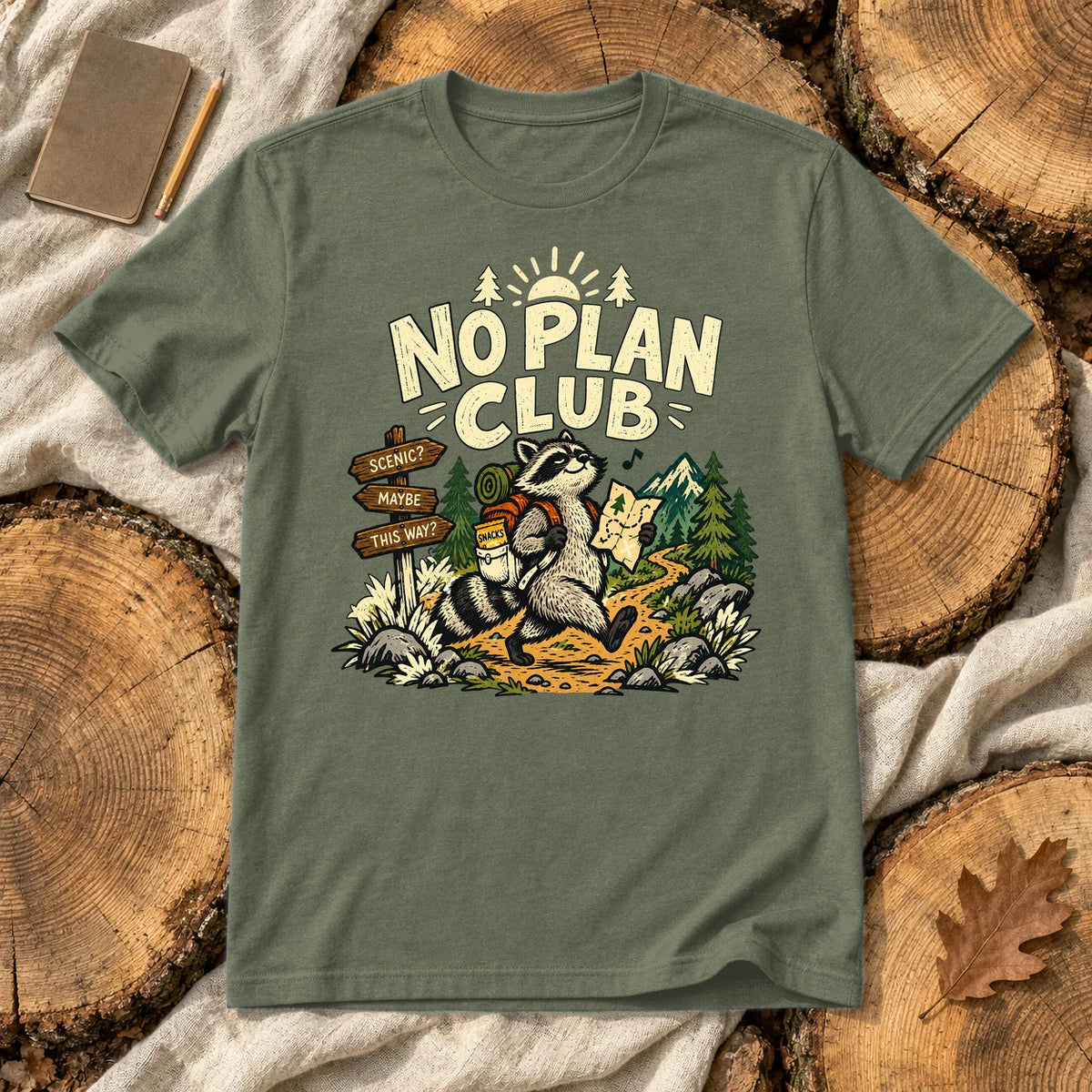 No Plan Club Raccoon Graphic Tee on Military Green Everyday Soft Tee