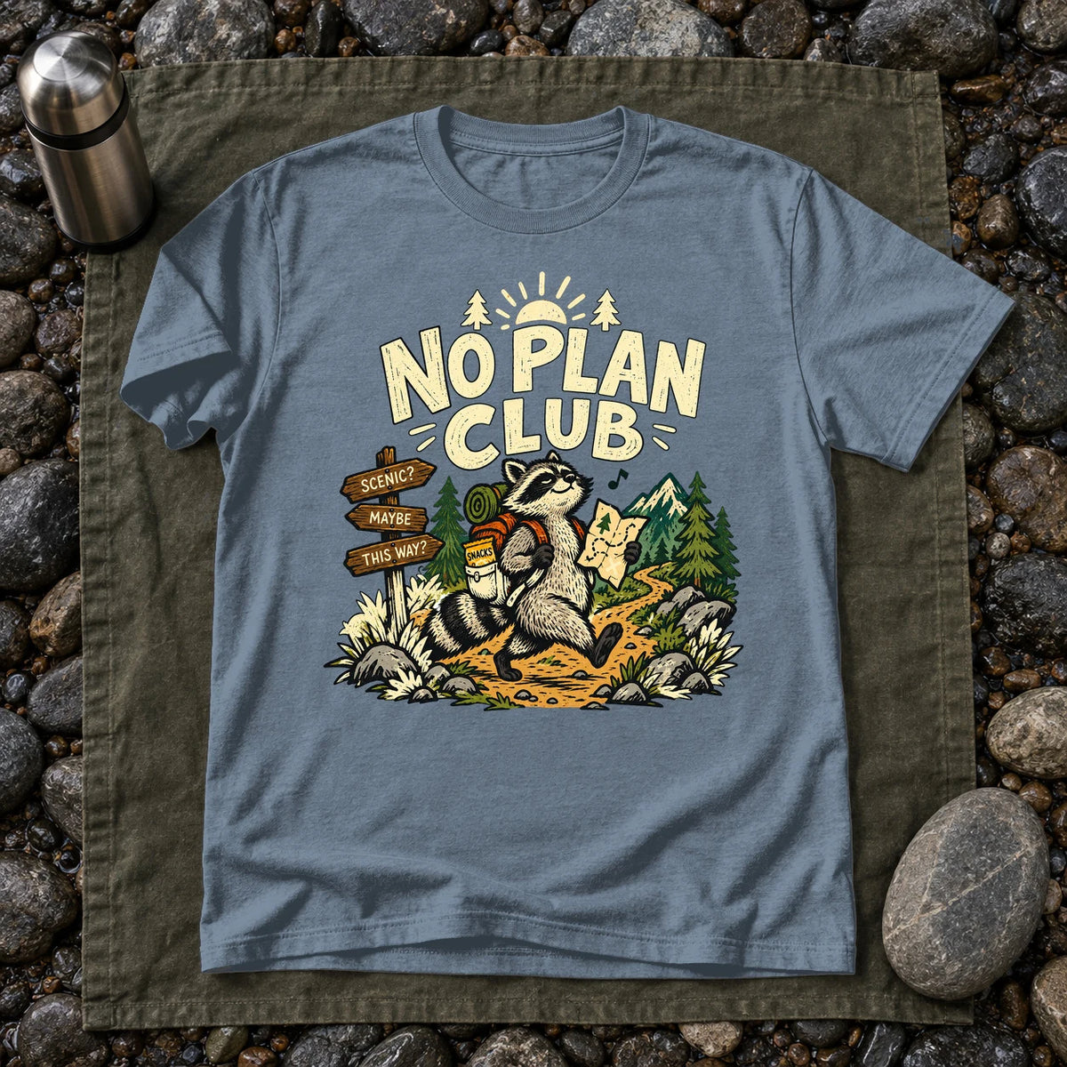 No Plan Club Raccoon Graphic Tee on Heather Indigo Everyday Soft Tee
