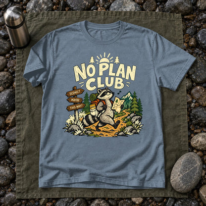 No Plan Club Raccoon Graphic Tee on Heather Indigo Everyday Soft Tee