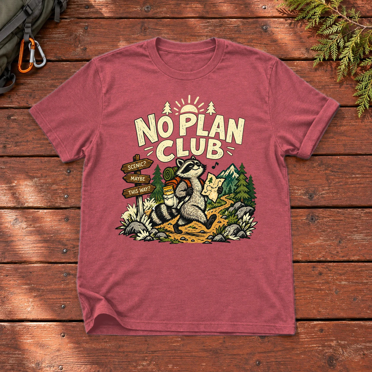 No Plan Club Raccoon Graphic Tee on Heather Red Everyday Soft Tee