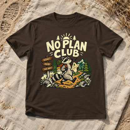 No Plan Club Raccoon Graphic Tee on Dark Chocolate Everyday Soft Tee
