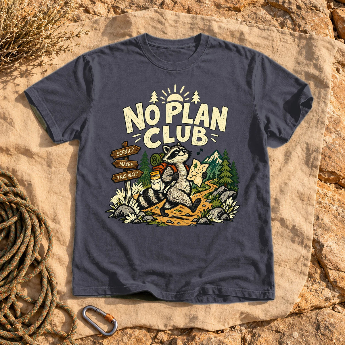 No Plan Club Raccoon Graphic Tee on Navy Premium Tee