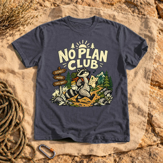 No Plan Club Raccoon Graphic Tee on Navy Premium Tee