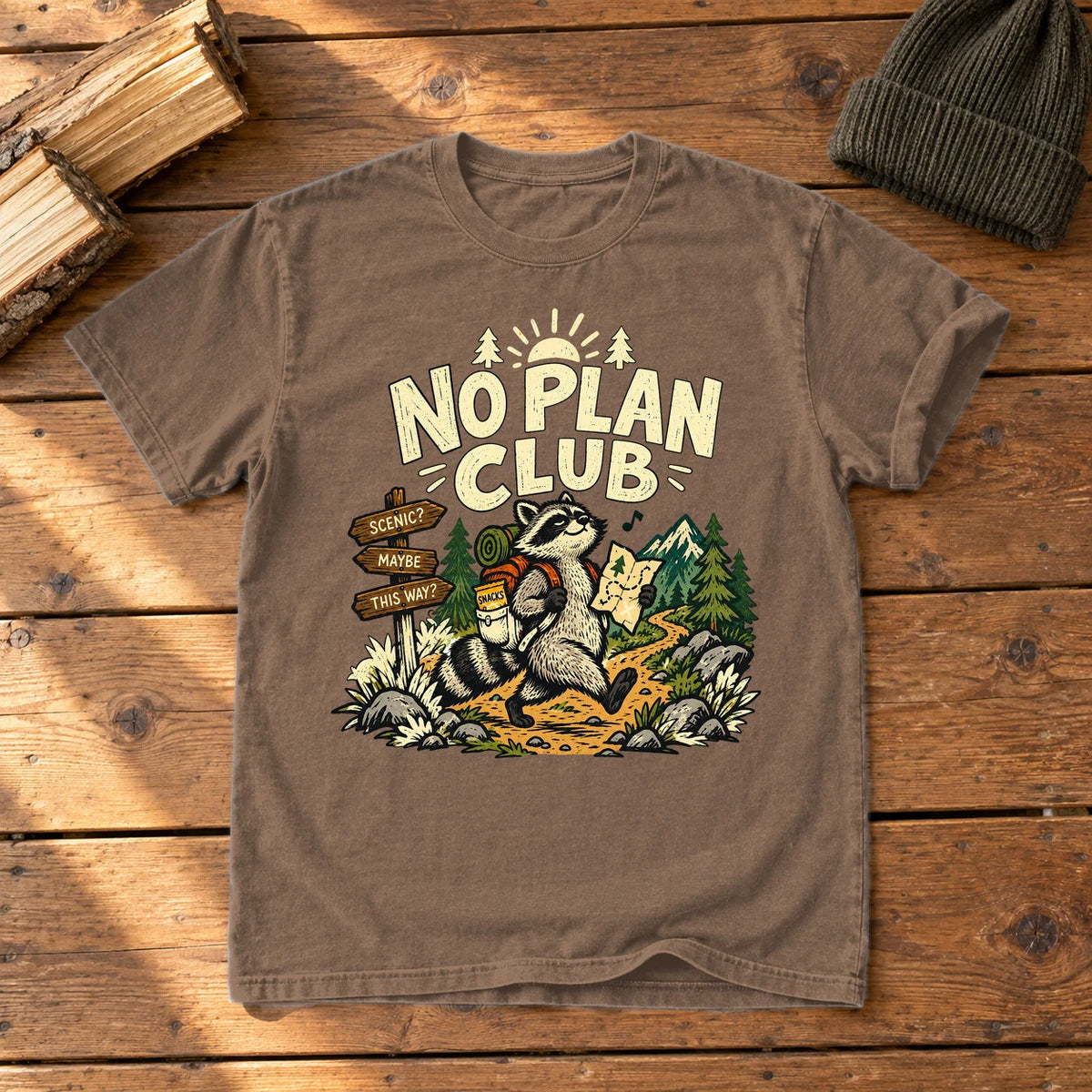 No Plan Club Raccoon Graphic Tee on Espresso Premium Tee