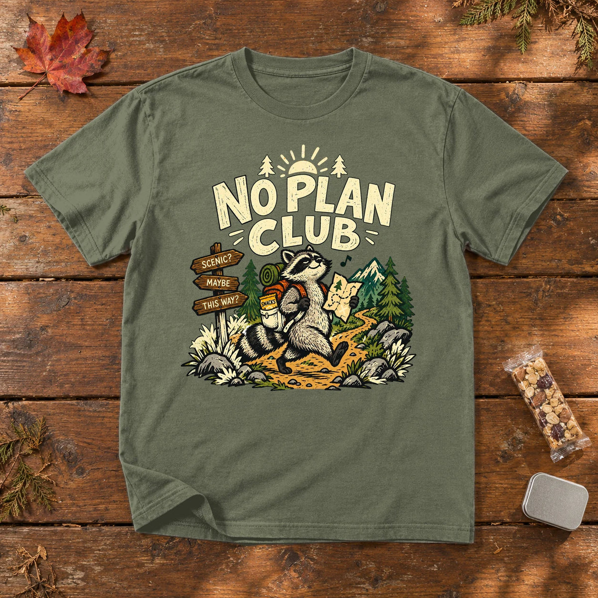 No Plan Club Raccoon Graphic Tee on Moss Premium Tee
