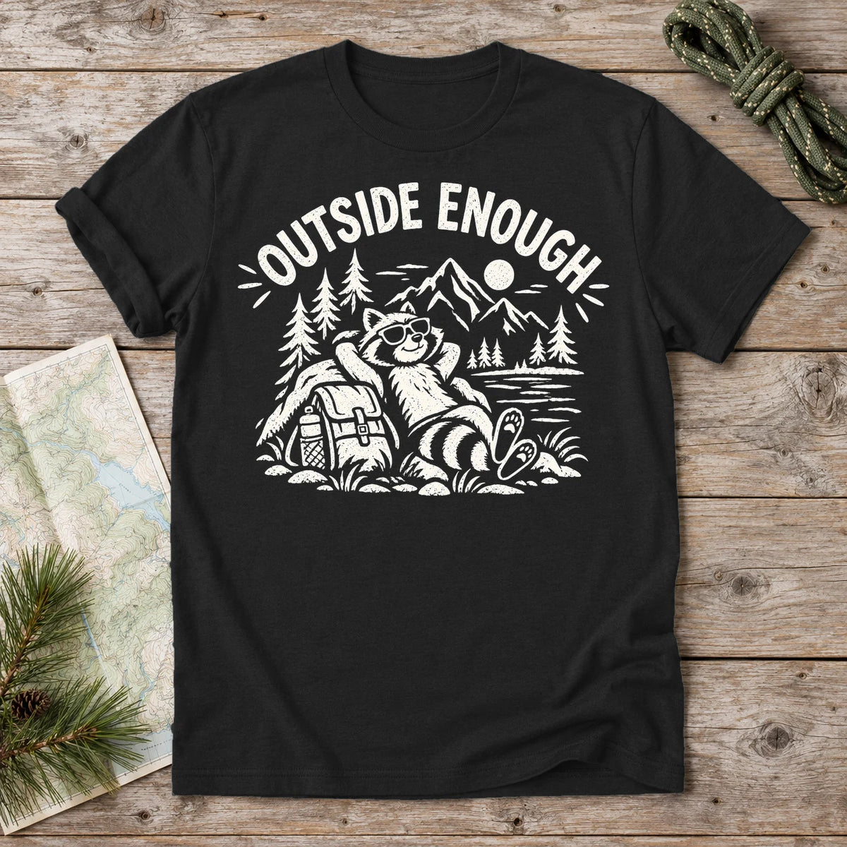 Outside Enough Raccoon Graphic Tee on Black Everyday Soft Tee