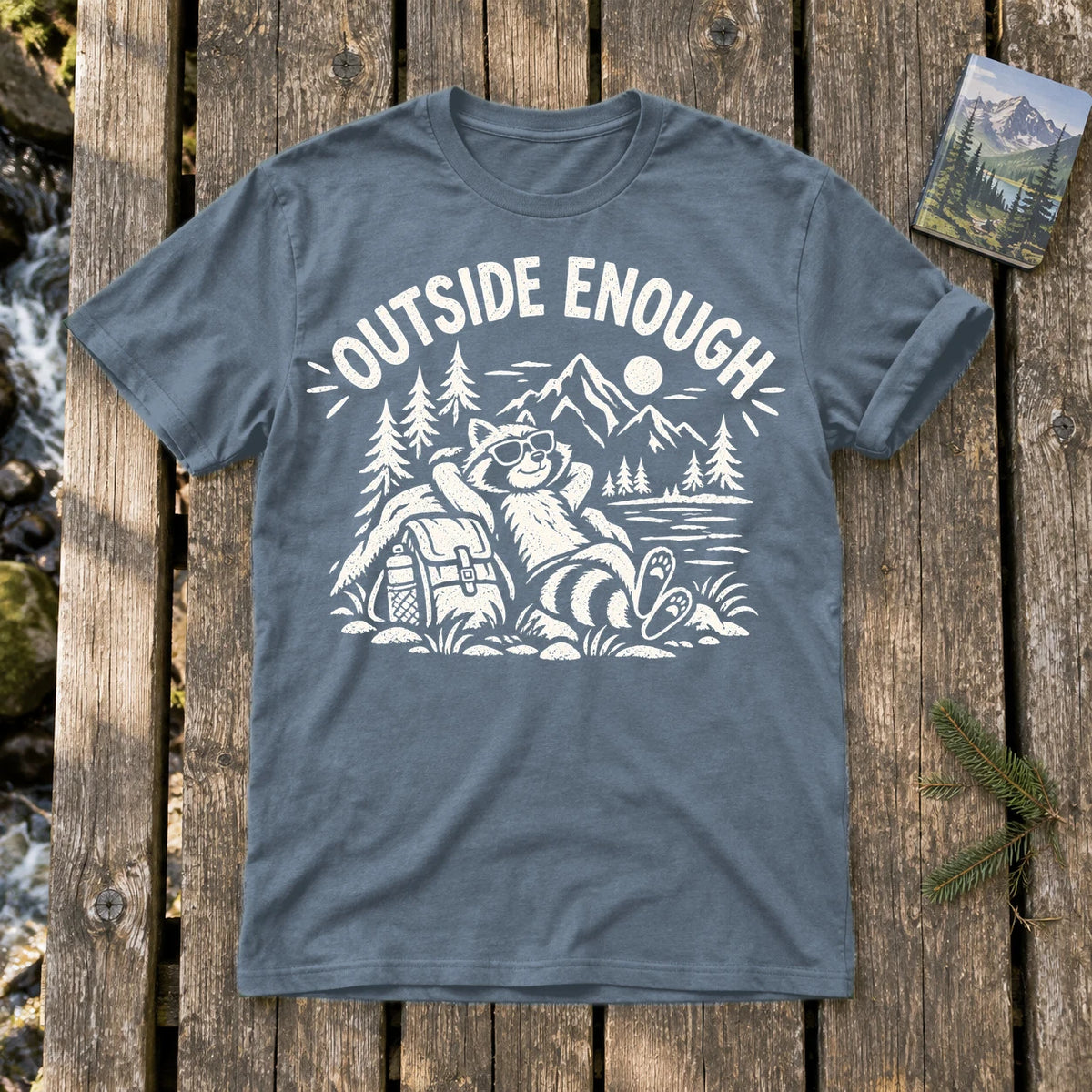 Outside Enough Raccoon Graphic Tee on Heather Indigo Everyday Soft Tee