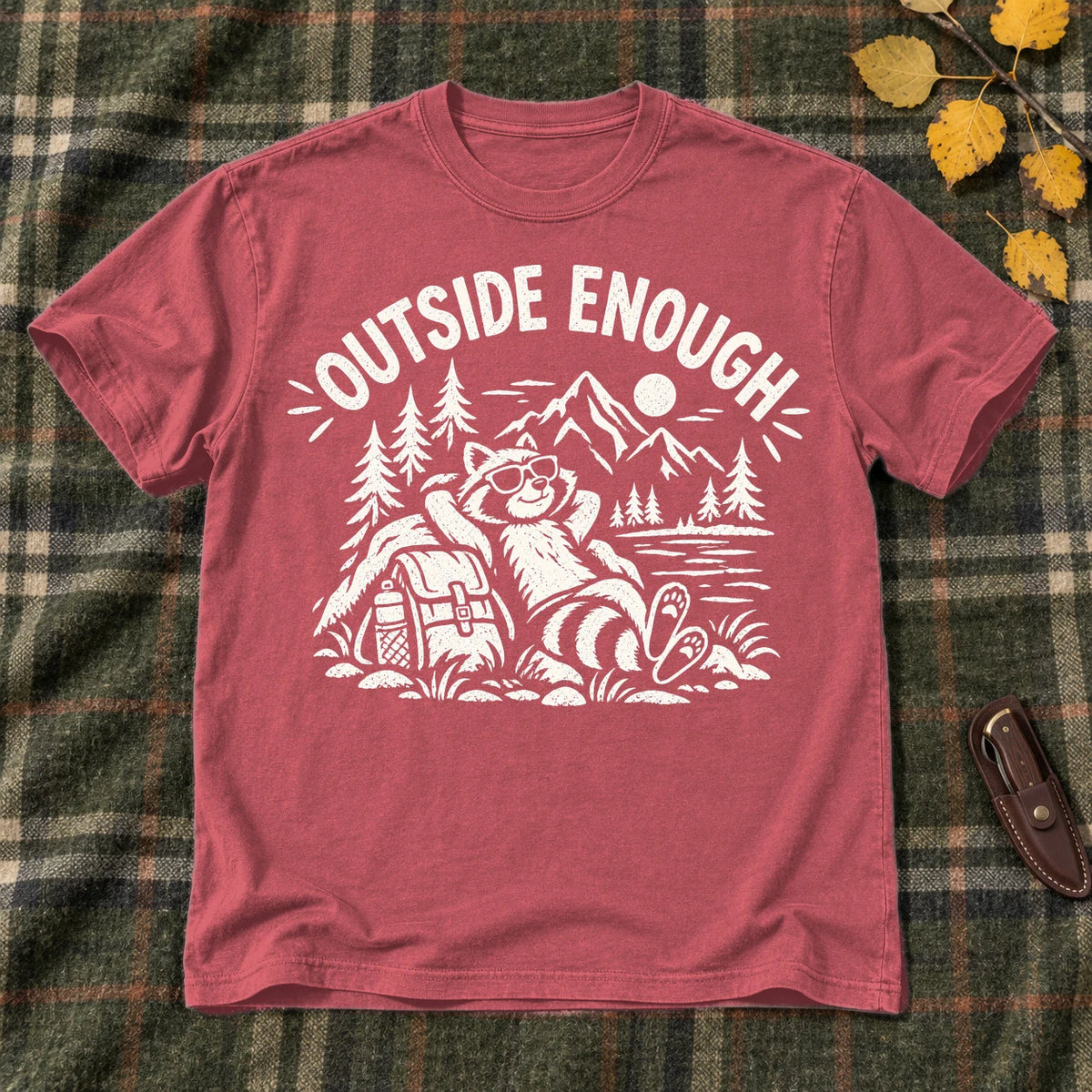 Outside Enough Raccoon Graphic Tee on Heather Red Everyday Soft Tee