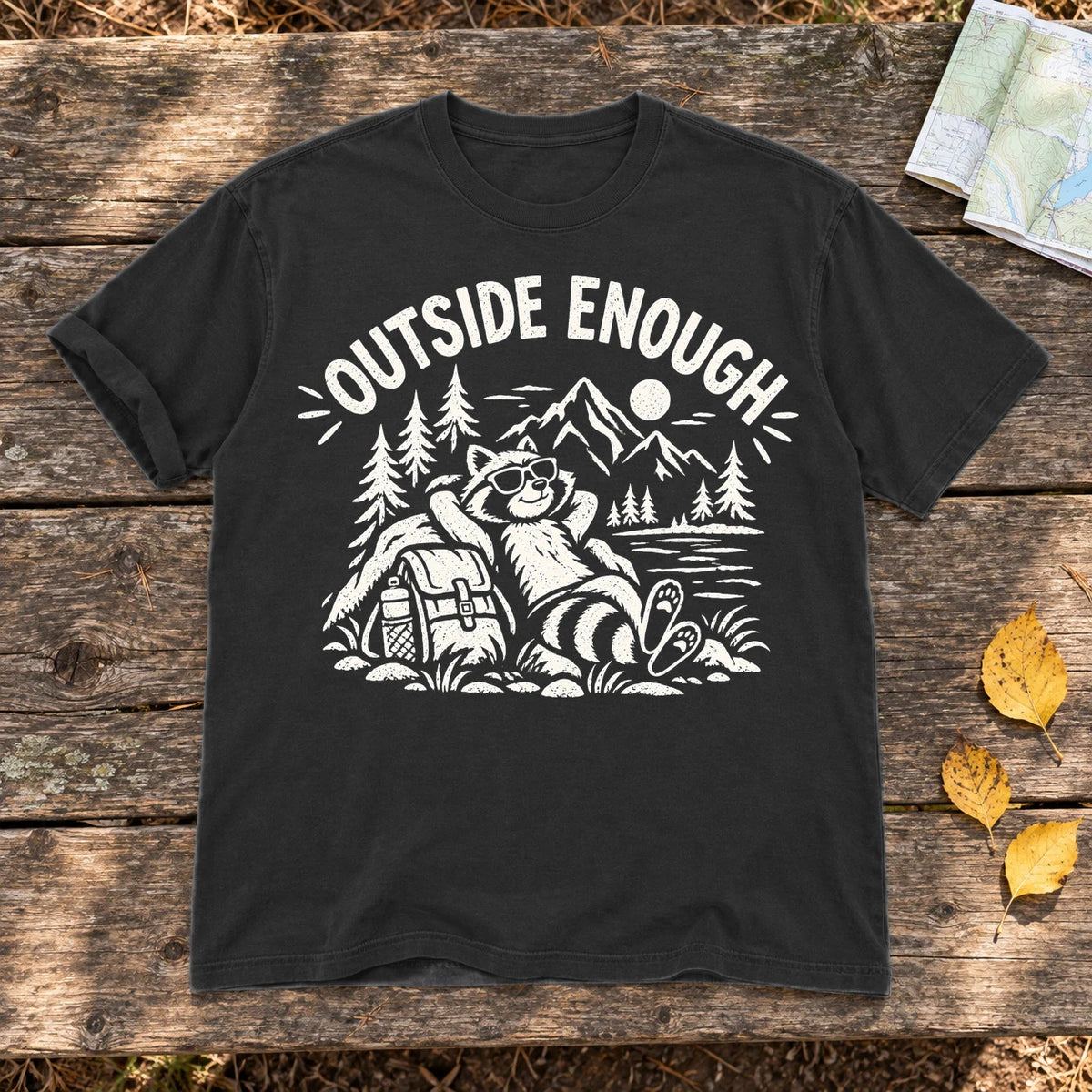 Outside Enough Raccoon Graphic Tee on Black Premium Tee