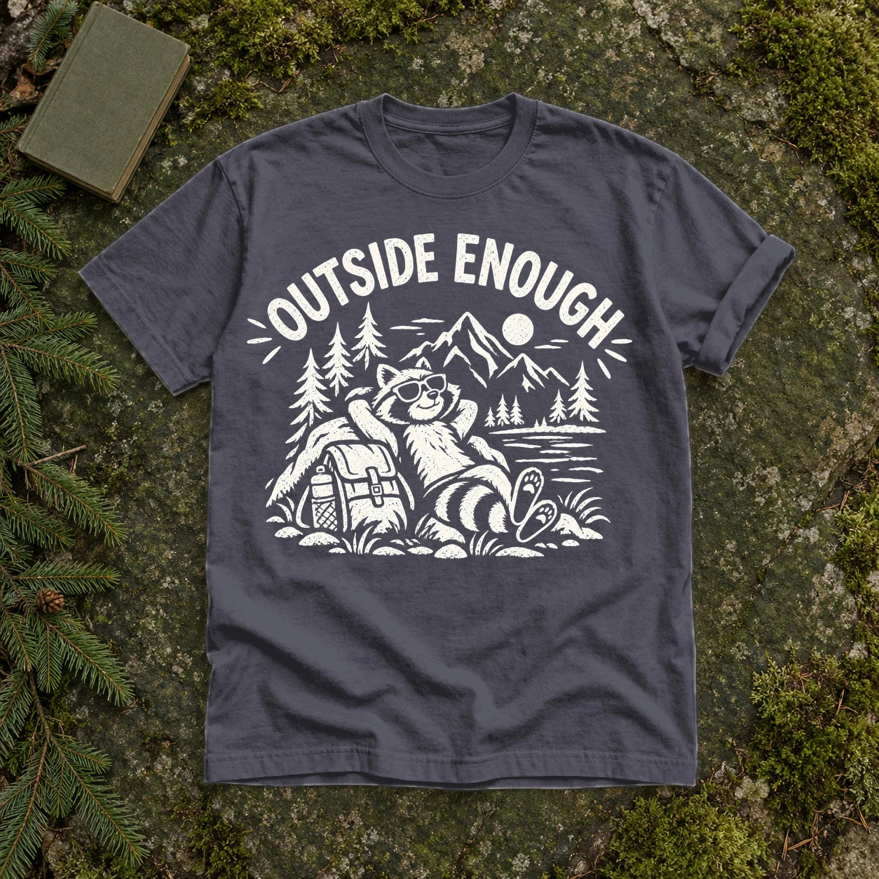 Outside Enough Raccoon Graphic Tee on Navy Premium Tee