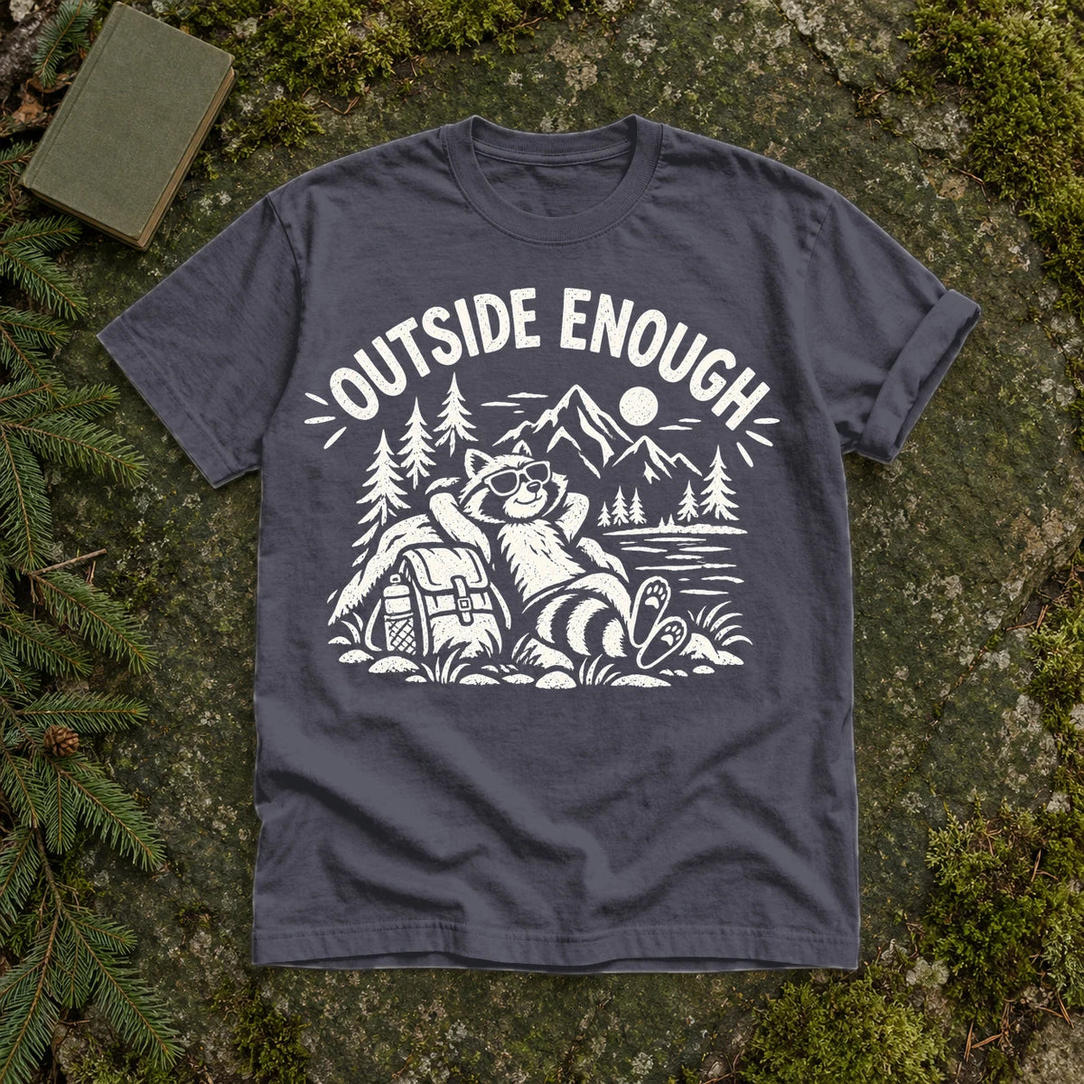 Outside Enough Raccoon Graphic Tee on Navy Premium Tee