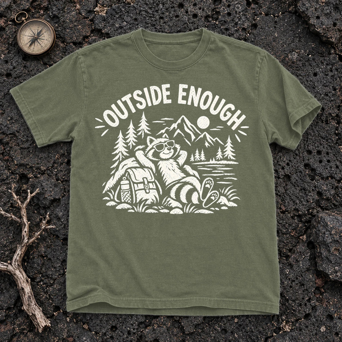 Outside Enough Raccoon Graphic Tee on Moss Premium Tee