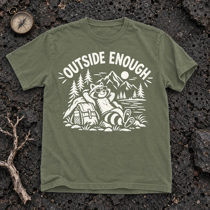 Outside Enough Raccoon Graphic Tee on Moss Premium Tee